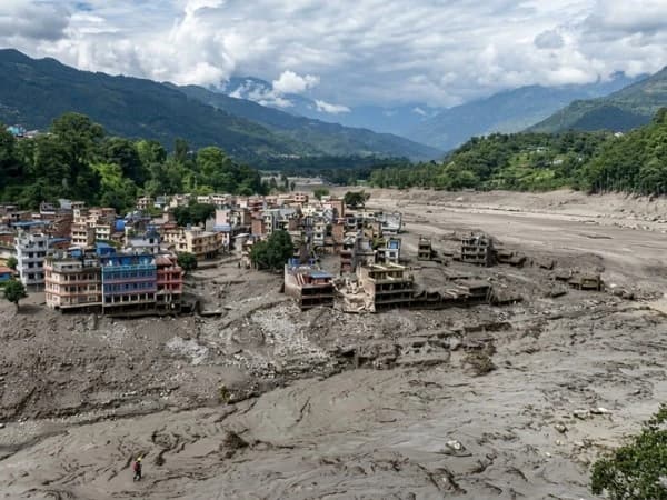 Road and trail damage from monsoon floods in the Rasuwa district of Nepal