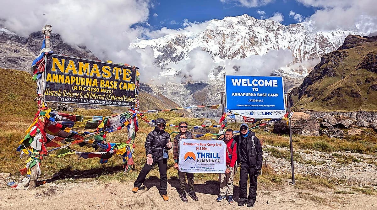 Group of beginner hikers enjoying the 6-day Annapurna Base Camp trekking tour in Nepal