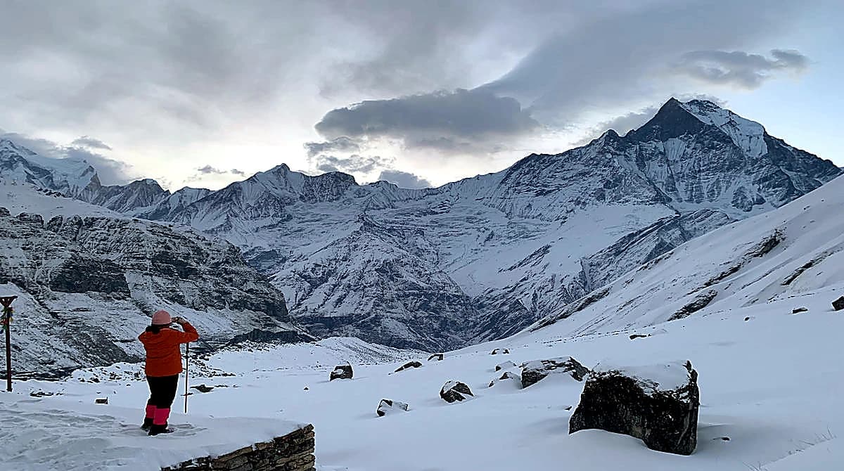 Panoramic view of snowy mountain peaks in the Annapurna Himalayas Nepal