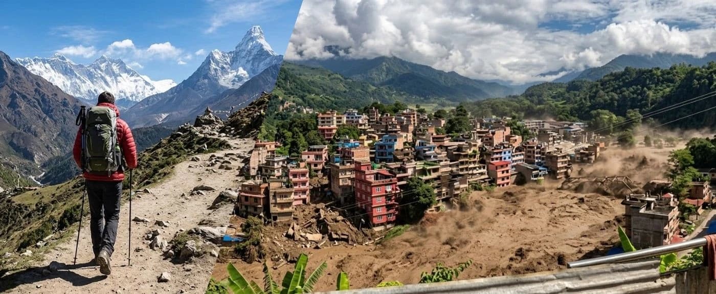 Comparison of peaceful mountain trekking routes and flood-affected river areas in Nepal