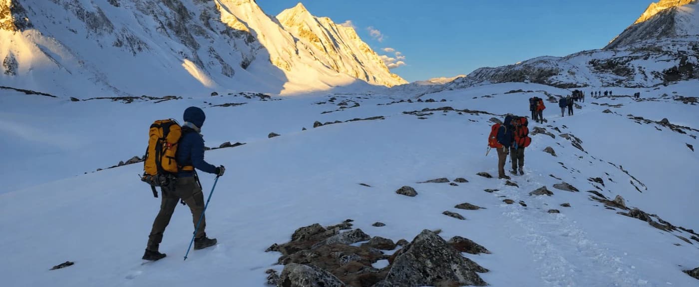 Trekkers on a scenic Himalayan trail during the peak Nepal trekking season