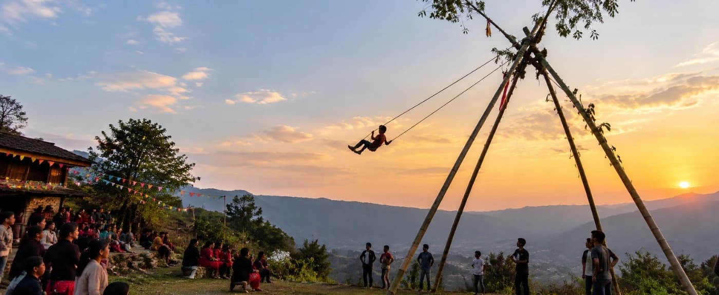 People playing traditional bamboo swing (Ping) during the Dashain festival in Nepal