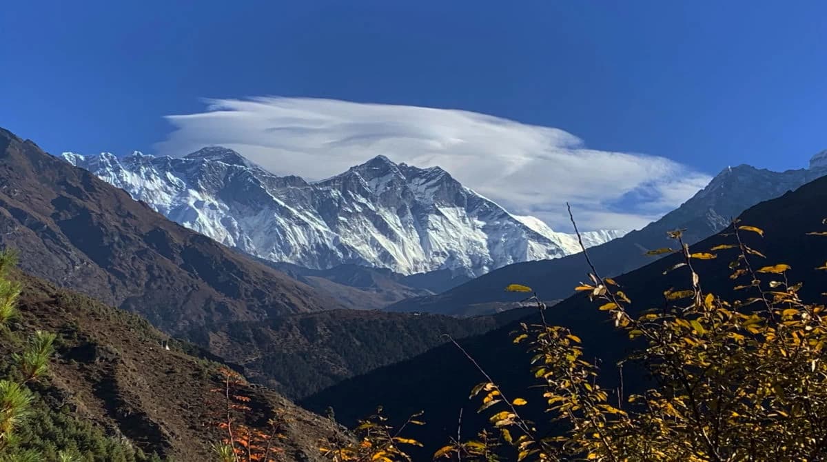 Panoramic view of the Everest region, featuring Mount Everest and surrounding peaks