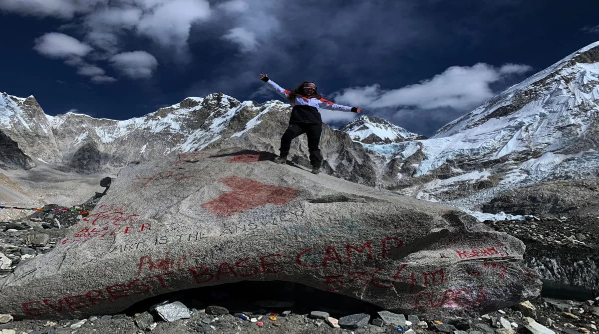Trail leading to Everest Base Camp with snow-covered mountains in the distance