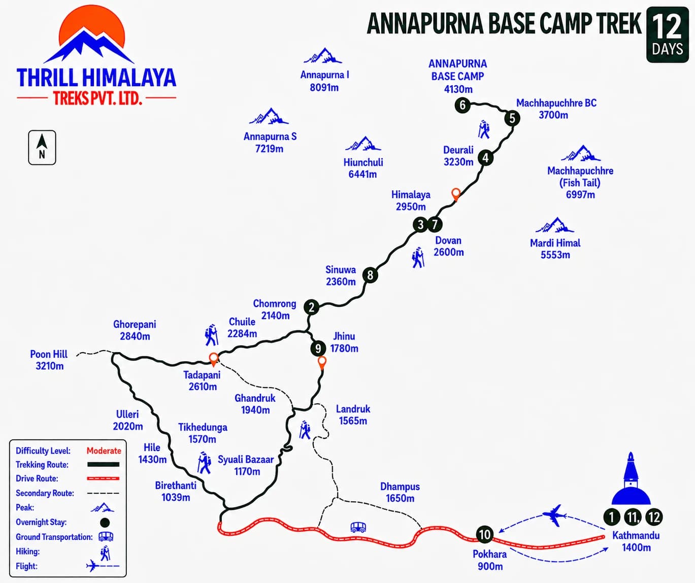 12-day Annapurna Base Camp Trek route map showing the trekking trail from Kathmandu and Pokhara to Annapurna Base Camp via Chhomrong, Dovan, Deurali, and Machhapuchhre Base Camp, by Thrill Himalaya Treks.